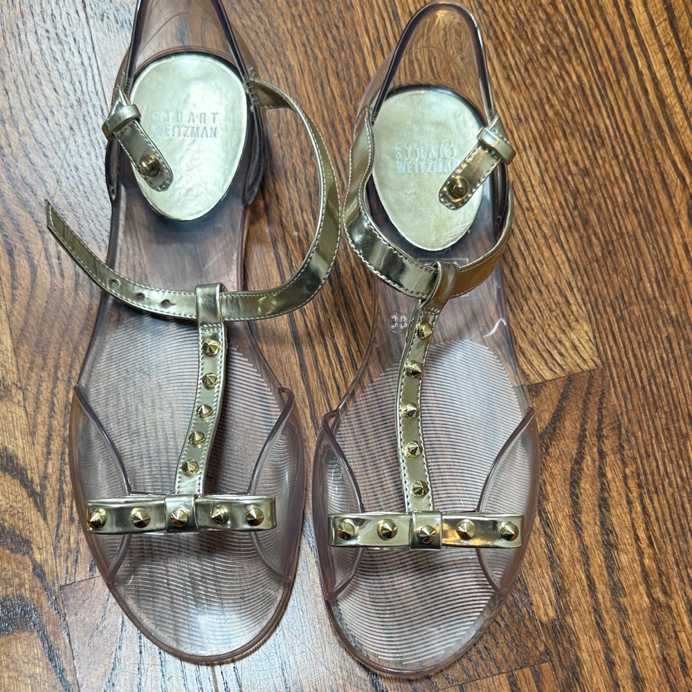 Stuart Weitzman Metallic Gold Studded Jelly Sandals